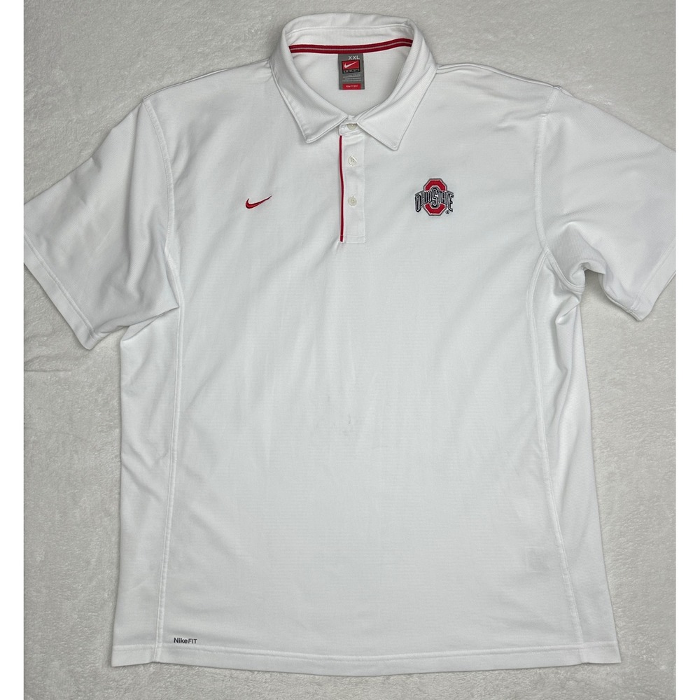 Nike Ohio State Buckeyes Polo Shirt Mens XXL‎ White Nike FIT DRY Short Sleeve